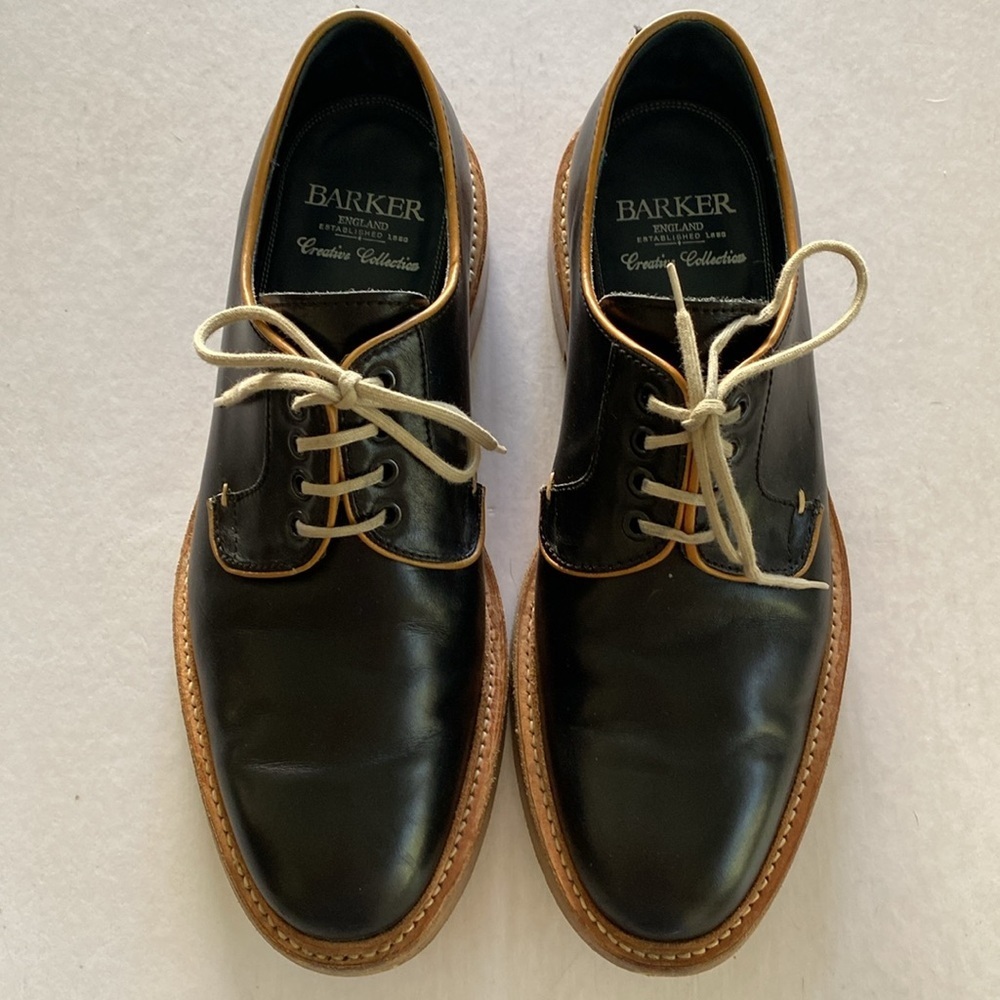 BARKER Men's Black Leather Derby Shoes with Tan Trim 9UK /10US. Made in England